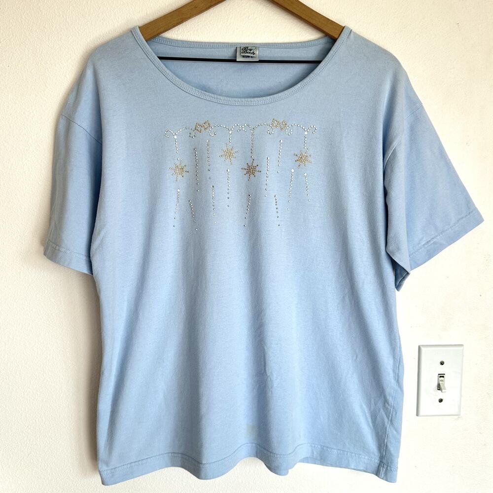 Vintage 90s 100% Cotton Rhinestone Bedazzled T Shirt Bay Beauty Sz L Blue Butter